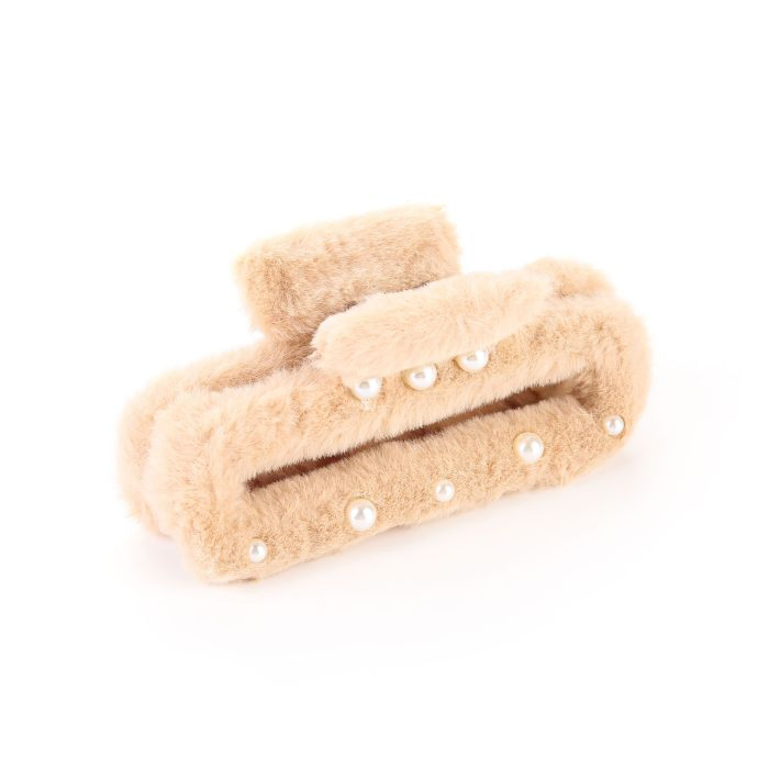 Haarklem met teddy en parels- Beige