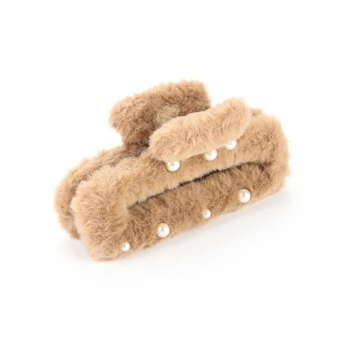 Haarklem met teddy en parels- Khaki